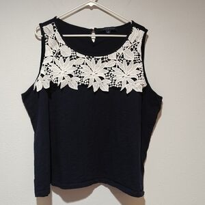 Tommy Hilfiger Lace Top 3X Sleeveless Navy 100% Cotton Floral Keyhole Detail